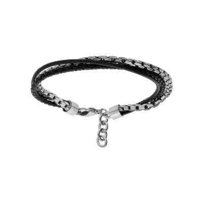Bracelet acier 3 rangs 2 fils imitation cuir noir 19+2cm