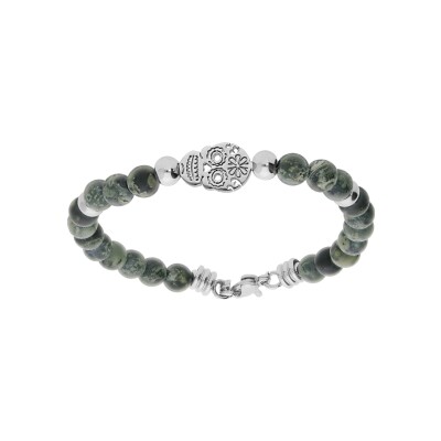 Bracelet acier boules et jaspe vert véritable avec tête de mort 18+3cm