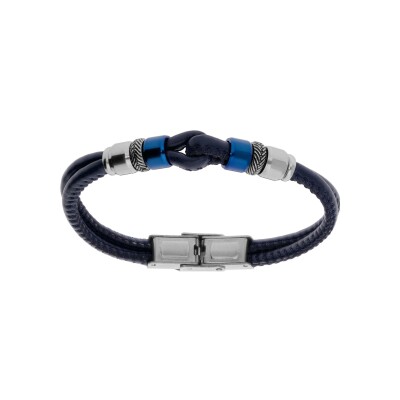 Bracelet acier et cuir bovin noir double rang motif boucle et rondelle pvd bleu 16.5cm réglable