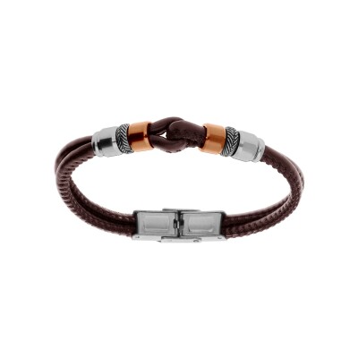Bracelet acier et cuir bovin marron double rang motif boucle et rondelles pvd rose 16.5cm réglable