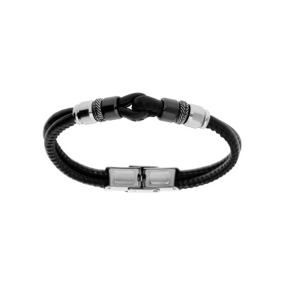 Bracelet acier et cuir noir bovin double rang motif boucle et rondelle pvd noir 16.5cm réglable