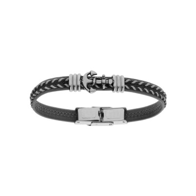 Bracelet acier junior tissu noir et gris motif ancre marine 16.5cm