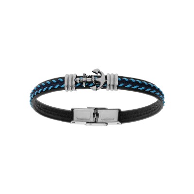 Bracelet acier junior tissu noir et bleu motif ancre marine 16.5cm