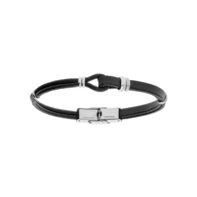 Bracelet acier et cuir bovin noir junior avec boucle 16.5cm réglable