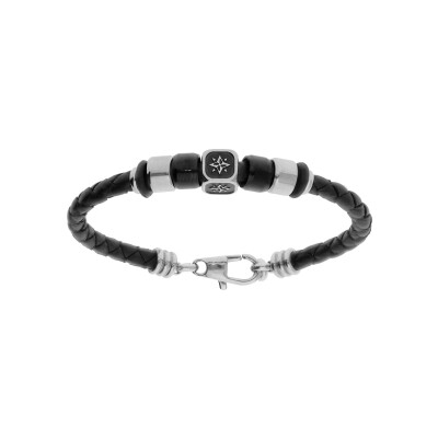Bracelet acier et cuir bovin tresse bovin noir cube motif étoile rondelles pvd noir 14.5cm+2.5cm