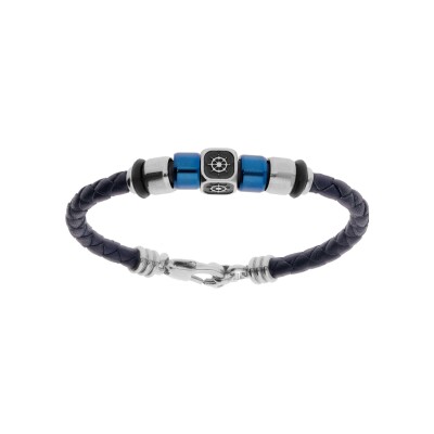 Bracelet acier et cuir tresse bovin noir cube motif roue de bateau rondelles pvd bleu 14.5cm+2.5cm