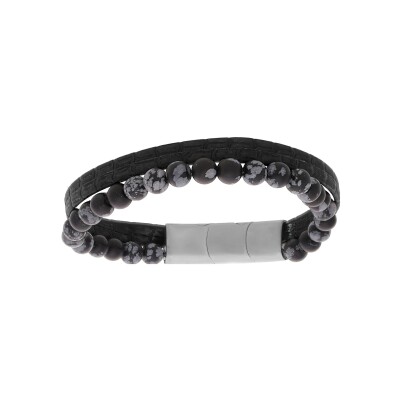 Bracelet acier cuir bovin noir et perles onyx 6mm 19.5cm + 1cm double fermoir