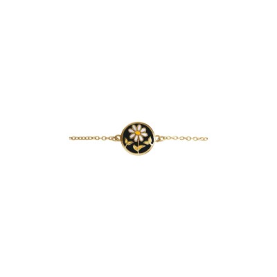 Bracelet acier doré jaune stella mia rond résine noire avec fleurs 16+3cm