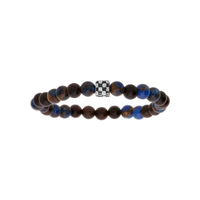 Bracelet acier extensible perles bois et quartz marron et bleu avec cube petit modele