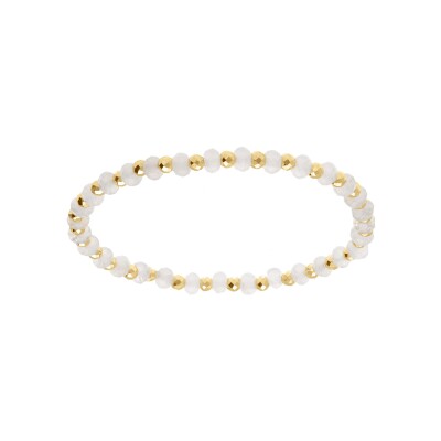 Bracelet extensible agate blanche véritable et boules facetés acier doré