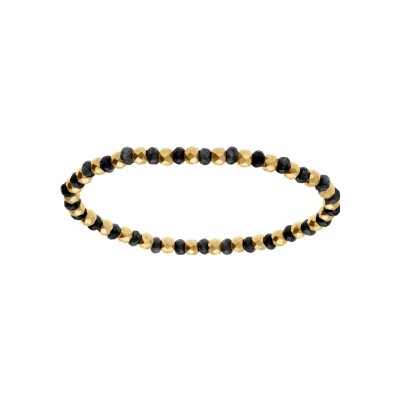 Bracelet extensible agate noire véritable et boules acier doré