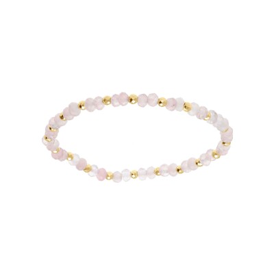 Bracelet extensible quartz rose véritable et boules acier doré