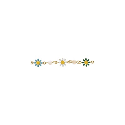 Bracelet acier doré fleurs résine multi couleurs et boules nacre blanche véritable 16+3cm