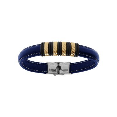 Bracelet acier doré et cuir bovin bleu 21.5cm réglable