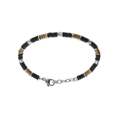 Bracelet acier rondelles pierre de lave et pvd marron 19+3cm