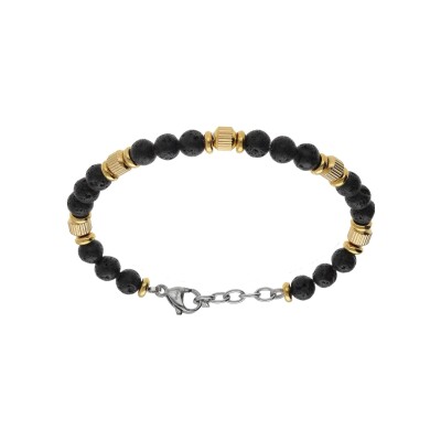 Bracelet acier boules pierre de lave et doré jaune 19+3cm