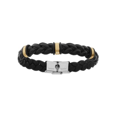 Bracelet acier et cuir bovin tresse noir motif doré 22cm réglable