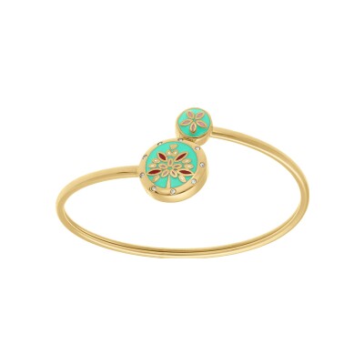 Bracelet acier doré jaune stella mia jonc flexible résine verte et rouge