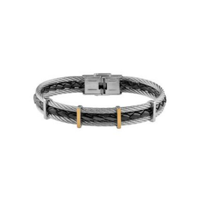 Bracelet acier tresse cuir bovin noir + 2 cables 4 barrettes dont 2 recouvertes d'or