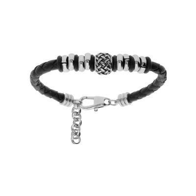 Bracelet acier junior cuir bovin noir rondelles motif 16+3cm