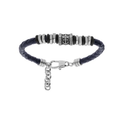 Bracelet acier junior cuir bovin bleu rondelles et motif ancre 16+3cm