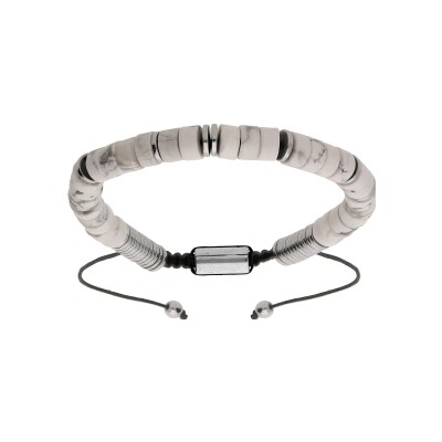 Bracelet acier pierres howlite véritable coulissant cordon noir