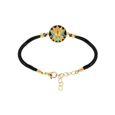 Bracelet acier doré stella mia résine fond noir fleur de lotus cordon noir 16+3cm