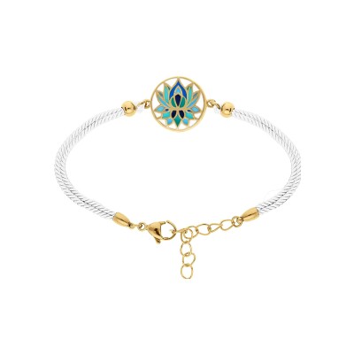 Bracelet acier doré stella mia résine fond blanc fleur de lotus cordon blanc 16+3cm