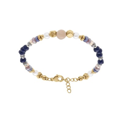 Bracelet acier doré boules 4mm verre faceté perle imitation et pierre de lune 6mm véritable 16.5+3cm
