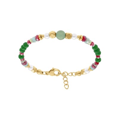 Bracelet acier doré boules 4mm verre faceté perles imitation et aventurine 6mm véritable 16.5+3cm