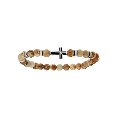 Bracelet acier extensible boules jaspe véritable motif croix
