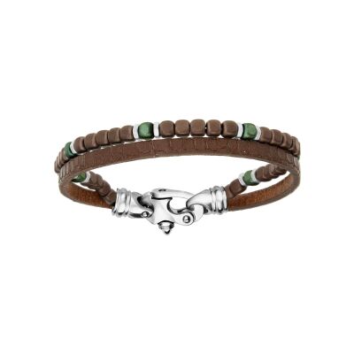 Bracelet acier 1 rang cuir bovin marron et 1 rang cubes marron et vert 21,5cm
