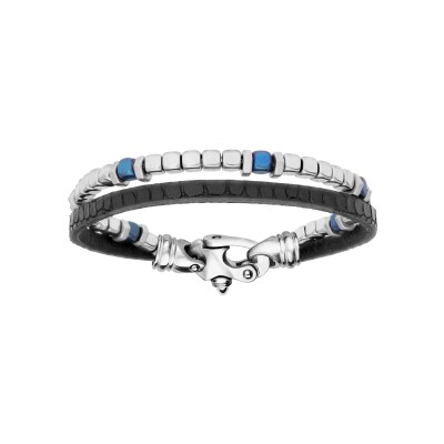 Bracelet acier 1 rang cuir bovin noir et 1 rang cubes gris et bleu 21,5cm