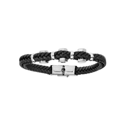 Bracelet acier et cuir bovin double tresse noir avec ecrou 21cm réglable