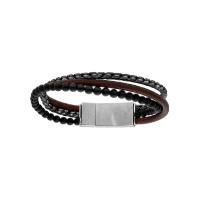 Bracelet acier et cuir bovin marron avec chainage et pierres agate noire 20,5cm