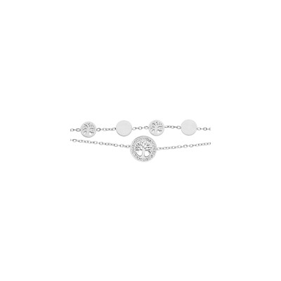 Bracelet acier 2 rangs pastilles avec arbre de vie 17+3cm