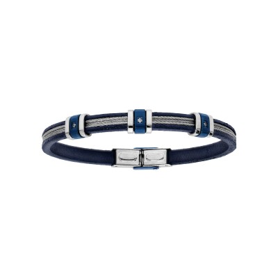 Bracelet acier et cuir marron motif bleu 3 cables gris et 3 oxydes blancs 20cm