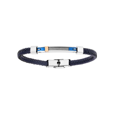 Bracelet acier et cuir tresse bleu avec plaque 3 cable gris 20cm réglable
