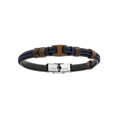 Bracelet acier et cuir noir cordon bleu marine et motif bois naturel 20cm réglable