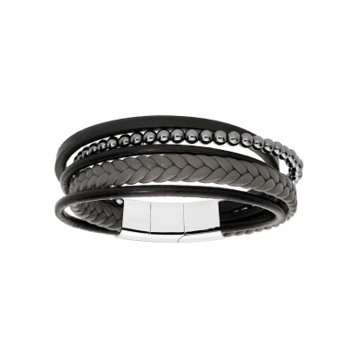 Bracelet acier et cuir bovin noir et gris multifils et boules 20cm + 1cm double fermoir