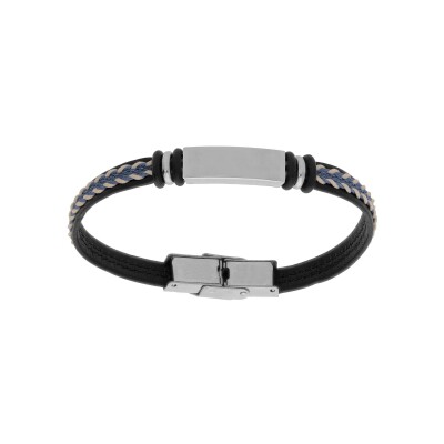 Bracelet junior acier et cuir bovin noir cordon bleu 16cm réglable à graver
