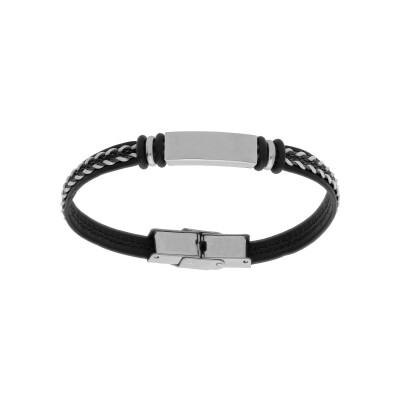 Bracelet junior acier et cuir bovin noir 16cm réglable à graver