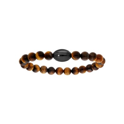 Bracelet acier elastique boules oeil de tigre avec ballon de rugby pvd noir