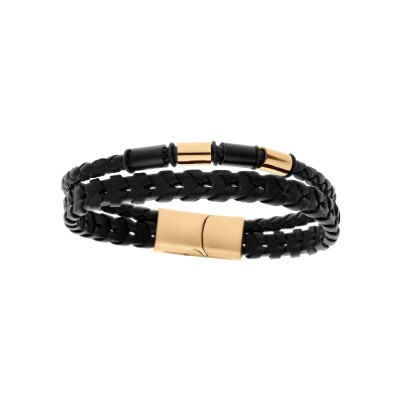 Bracelet acier et cuir 2 rangs tresse noire et pvd doré 20cm +1cm double fermoir