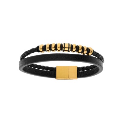 Bracelet acier et cuir bovin 2 rangs tresse noire et pvd doré 20cm +1cm double fermoir