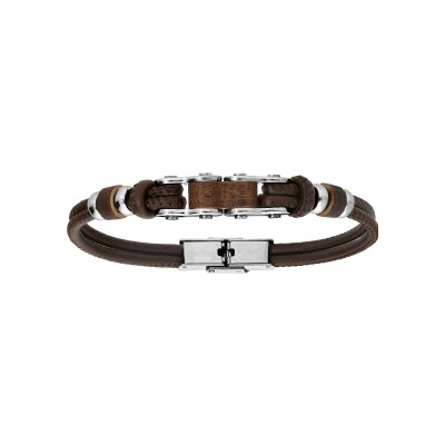 Bracelet acier cuir bovin marron et bois réglable 20cm