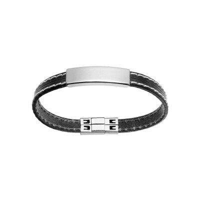 Bracelet cuir bovin noir modele homme 8mm avec couture fermoir aimante 20cm plaque à graver