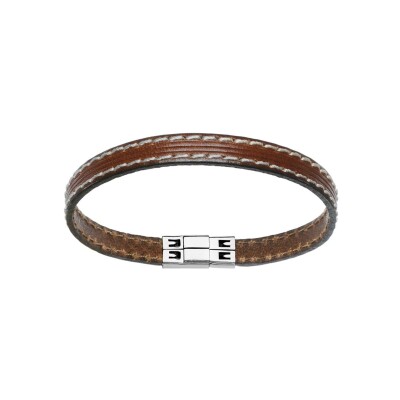 Bracelet cuir bovin marron modele homme 8mm avec couture fermoir aimante 20cm