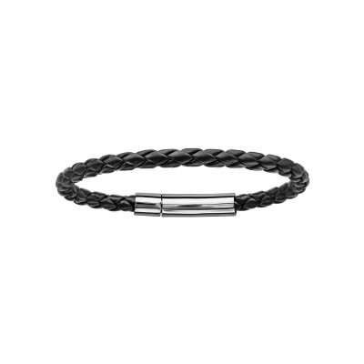 Bracelet fermoir acier tresse cuir bovin véritable 5mm noir 19cm