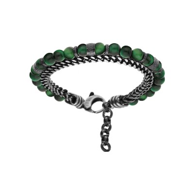 Bracelet acier boules oeil de tigre vert véritable et 1 rang chainage 20+2.5cm